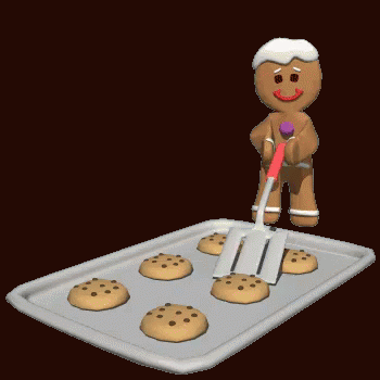 A Gingerbread Man Is Holding A Spatula Over A Baking Sheet Of Cookies GIF