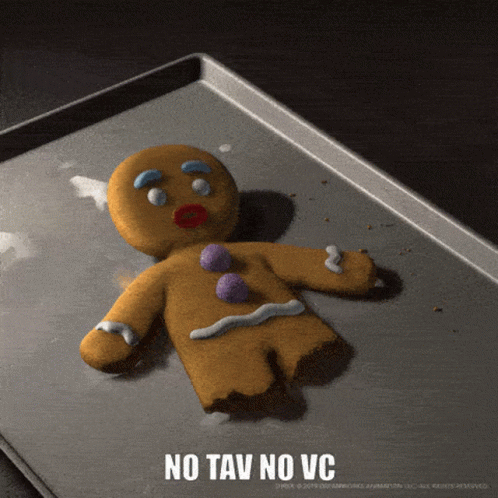 A Gingerbread Man Is Laying On A Pan With The Words No Tav No Vc Written Below It GIF