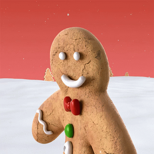A Gingerbread Man With A Bow Tie And Red And Green Decorations GIF