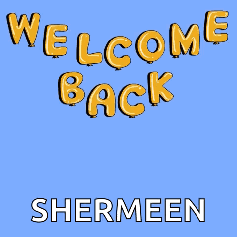 A Giraffe Wearing Glasses And A Hat Is Sitting In A Chair With The Words Welcome Back Shermeen Above Him GIF