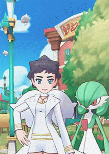 A Girl And A Green Pokemon Are Standing In Front Of A Building With A Sign That Says Time GIF