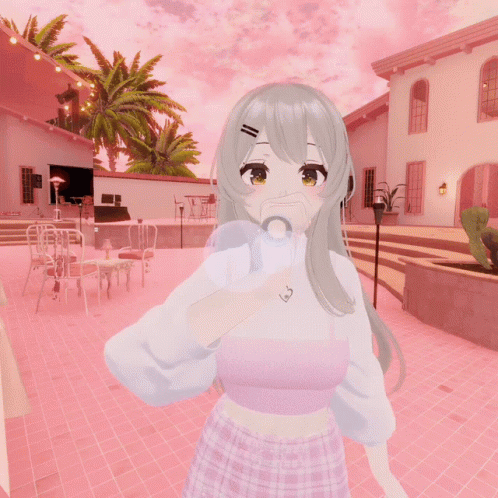 A Girl Blowing A Bubble Gum In Front Of A Pink House GIF