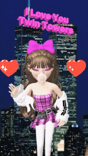 A Girl Blowing A Bubble With The Words " I Love You Twin Towers " Above Her GIF