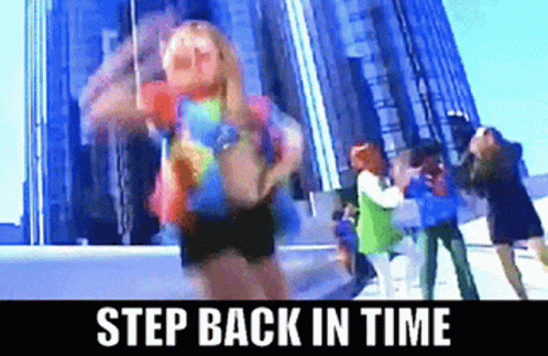 A Girl Dancing In Front Of A Building With The Words Step Back In Time GIF