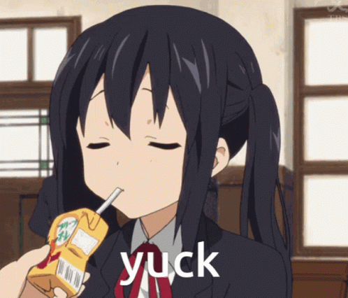 A Girl Drinking From A Carton With A Straw And The Word Yuck Above Her GIF