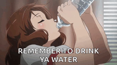 a girl drinking water with the words " remember to drink ya water " on the bottom