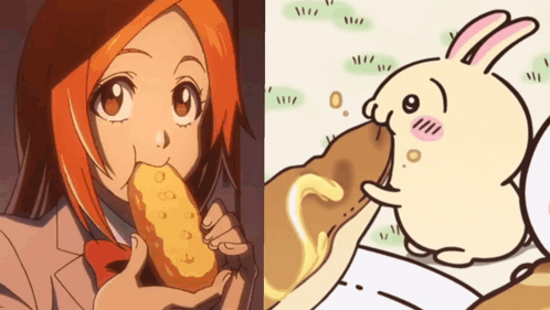 a girl eating a fried chicken nugget next to a cartoon of a bunny