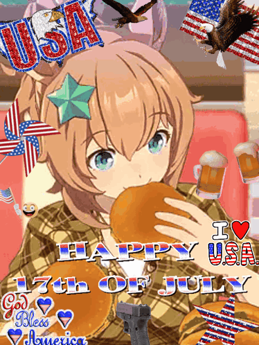 A Girl Eating A Hamburger With The Words Happy July 17Th On The Bottom GIF