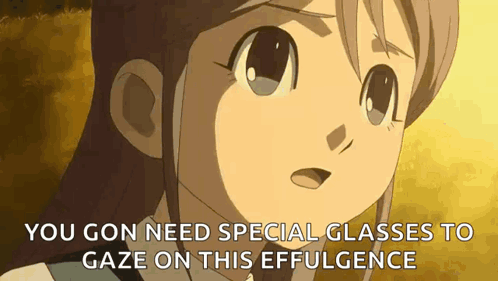 a girl from an anime is wearing special glasses to gaze on this effulgence .