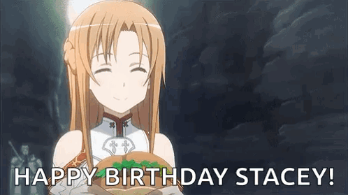A Girl From Sword Art Online Is Holding A Hamburger In Her Hand And Smiling . GIF