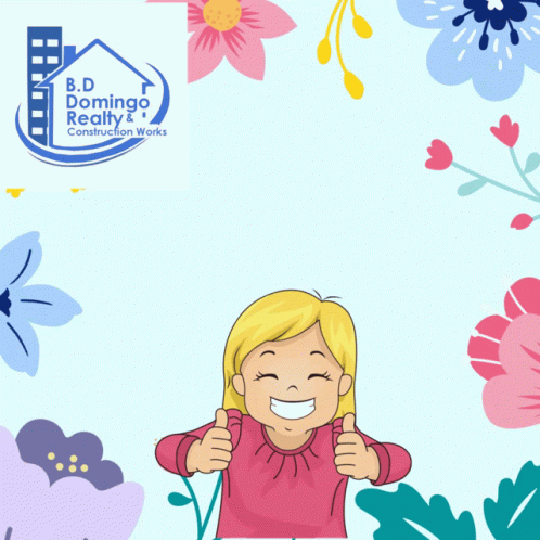 A Girl Gives A Thumbs Up In Front Of A B.d. Domingo Realty Logo GIF