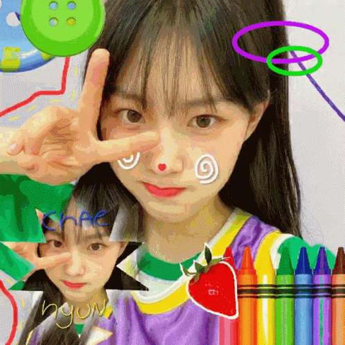 A Girl Giving A Peace Sign With A Strawberry On Her Face GIF