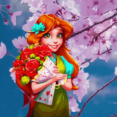 A Girl Holding A Bouquet Of Red Roses And A Fan GIF