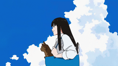 A Girl Holding A Cat In A Blue Bag Against A Blue Sky GIF