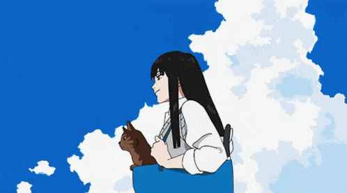 A Girl Holding A Cat In A Blue Bag Against A Blue Sky With Clouds GIF