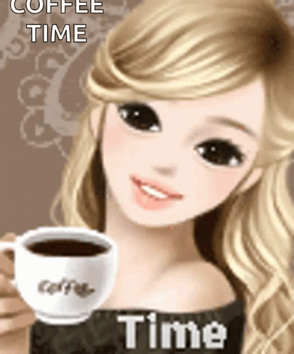 A Girl Holding A Cup Of Coffee With The Words Coffee Time Written On The Bottom GIF