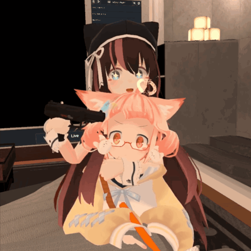 A Girl Holding A Gun Next To Another Girl With The Word Live In The Corner GIF