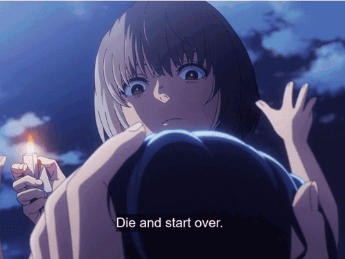 A Girl Holding A Lighter With The Words Die And Start Over Underneath Her GIF