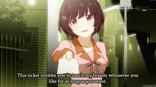 Girl Holding Ticket Saying Touch My Breasts GIF
