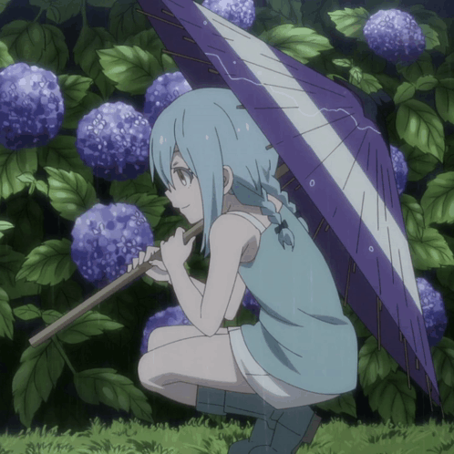 A Girl Holding A Purple And White Umbrella In The Rain GIF