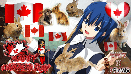 a girl holding a rabbit in front of a canadian flag and the words happy canada day