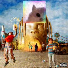 A Girl Holding A Rocket And A Boy Holding A Cup Standing In Front Of A Giant Face GIF