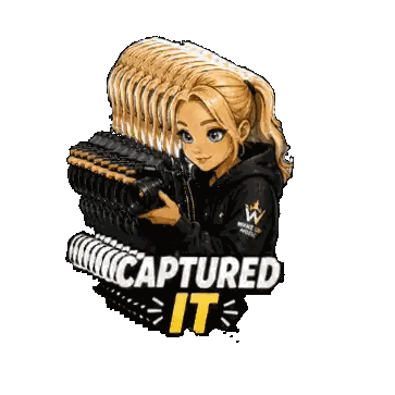 a girl holding a stack of cameras with the words captured it