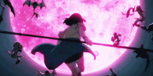 A Girl Holding A Stick In Front Of A Full Moon GIF