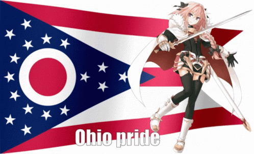A Girl Holding A Sword In Front Of An Ohio Flag That Says Ohio Pride GIF