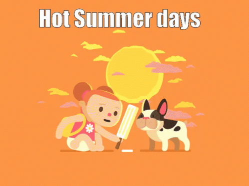 a girl holding an ice cream cone next to a dog with the words hot summer days above them