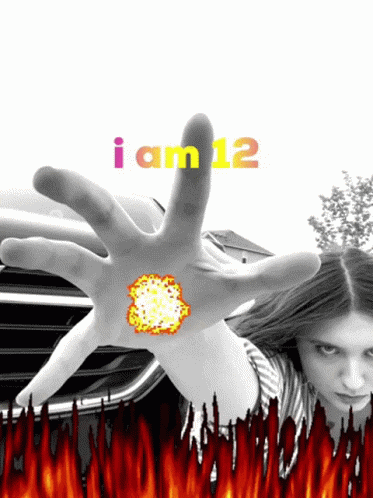 A Girl Holds Out Her Hand In Front Of A Car With The Words " I Am 12 " Above Her GIF