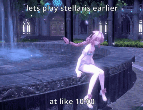 A Girl In A Bathing Suit Sits In Front Of A Fountain With The Words Lets Play Stellaris Earlier At Like 10:00 Below Her GIF