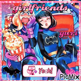A Girl In A Batman Costume Is Sitting Next To A Girl In A Superhero Costume GIF