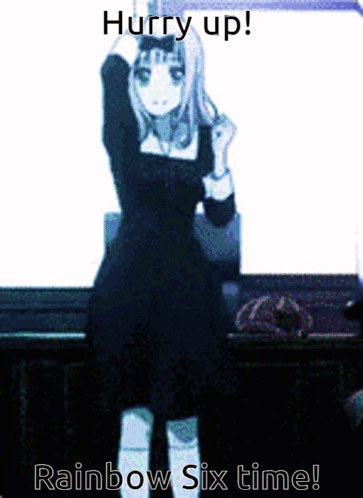 A Girl In A Black Dress Is Dancing With The Words Hurry Up Rainbow Six Time Below Her GIF