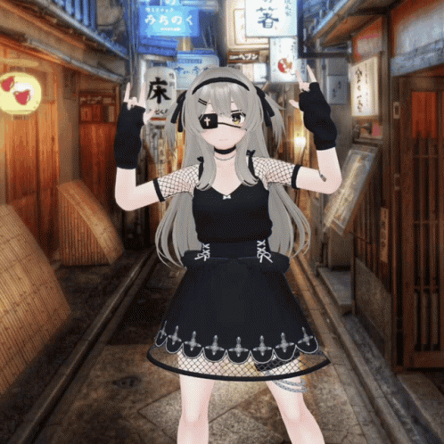 A Girl In A Black Dress Is Standing In A Alleyway With A Sign That Says ' Aoi ' On It GIF