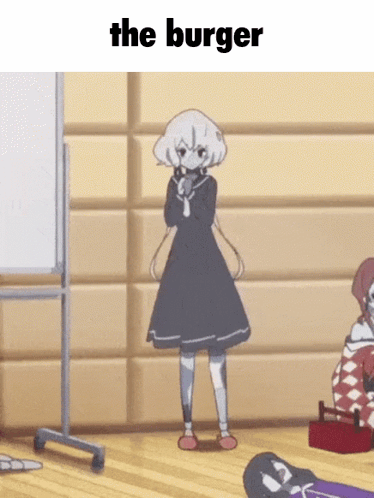 A Girl In A Black Dress Is Standing In Front Of A White Board With The Words " The Burger " On It GIF