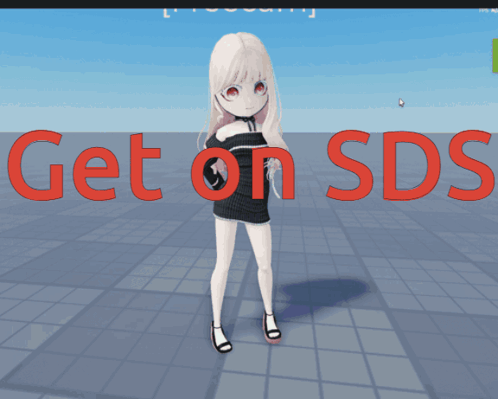 A Girl In A Black Dress Stands In Front Of A Sign That Says Get On Sds GIF