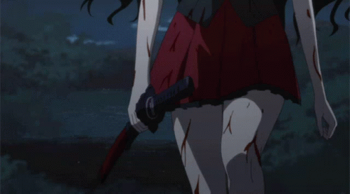 A Girl In A Bloody Skirt Is Holding A Bloody Sword GIF