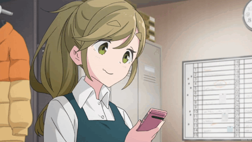 A Girl In A Blue Apron Is Holding A Cell Phone In Front Of A Calendar GIF