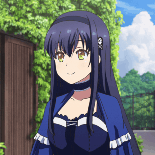 A Girl In A Blue Dress Has A Skull And Crossbones On Her Head GIF