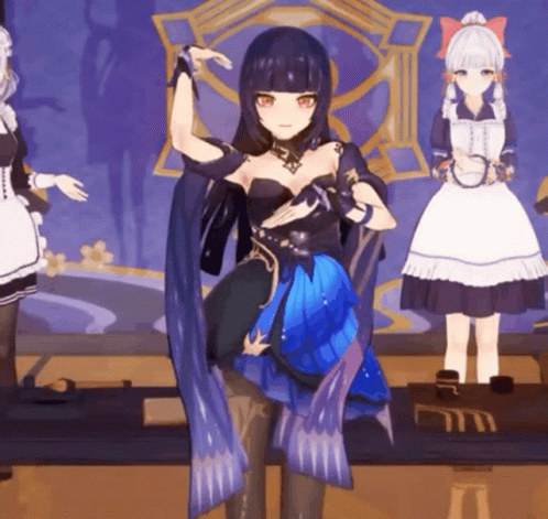 A Girl In A Blue Dress Is Dancing In Front Of Two Maids In White Dresses GIF