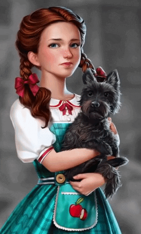 A Girl In A Blue Dress Is Holding A Dog GIF