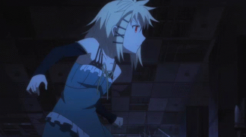 A Girl In A Blue Dress Is Holding A Guitar In Her Hands GIF