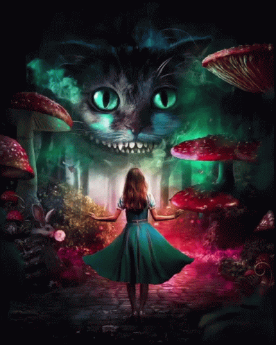 A Girl In A Blue Dress Stands In Front Of A Cheshire Cat Surrounded By Mushrooms GIF