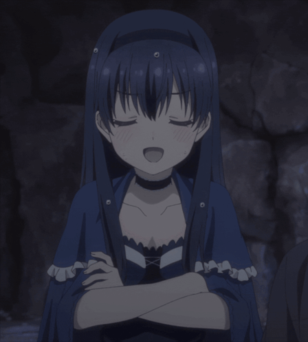 A Girl In A Blue Dress With Her Eyes Closed And Her Mouth Open GIF
