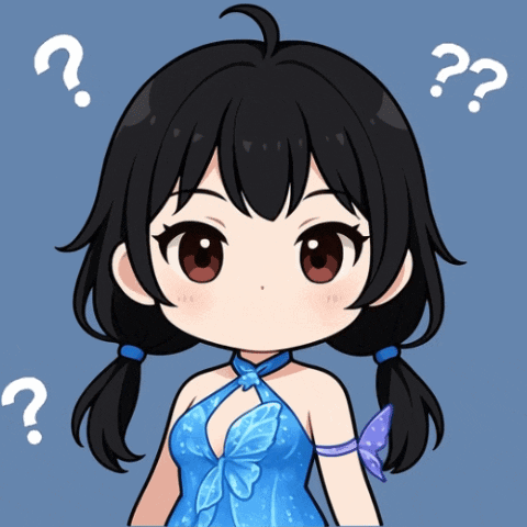 a girl in a blue dress with question marks around her head