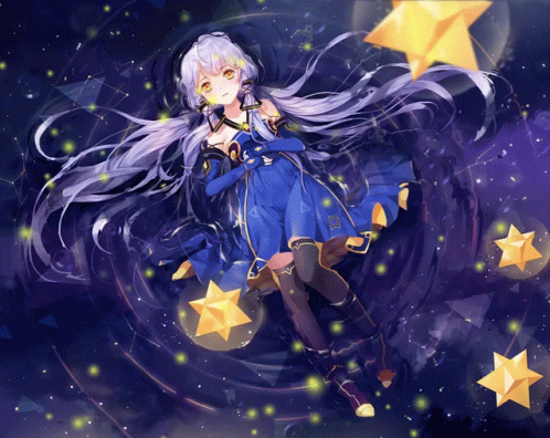 A Girl In A Blue Dress With Stars Around Her GIF