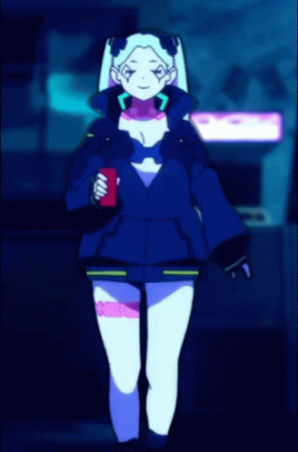 A Girl In A Blue Jacket Is Holding A Red Can In Her Hand GIF