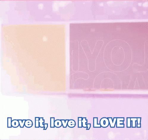 A Girl In A Blue Jacket Is Standing In Front Of A Pink Background That Says Love It Love It Love It GIF