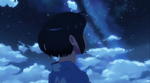 A Girl In A Blue Kimono Looks Up At The Stars GIF